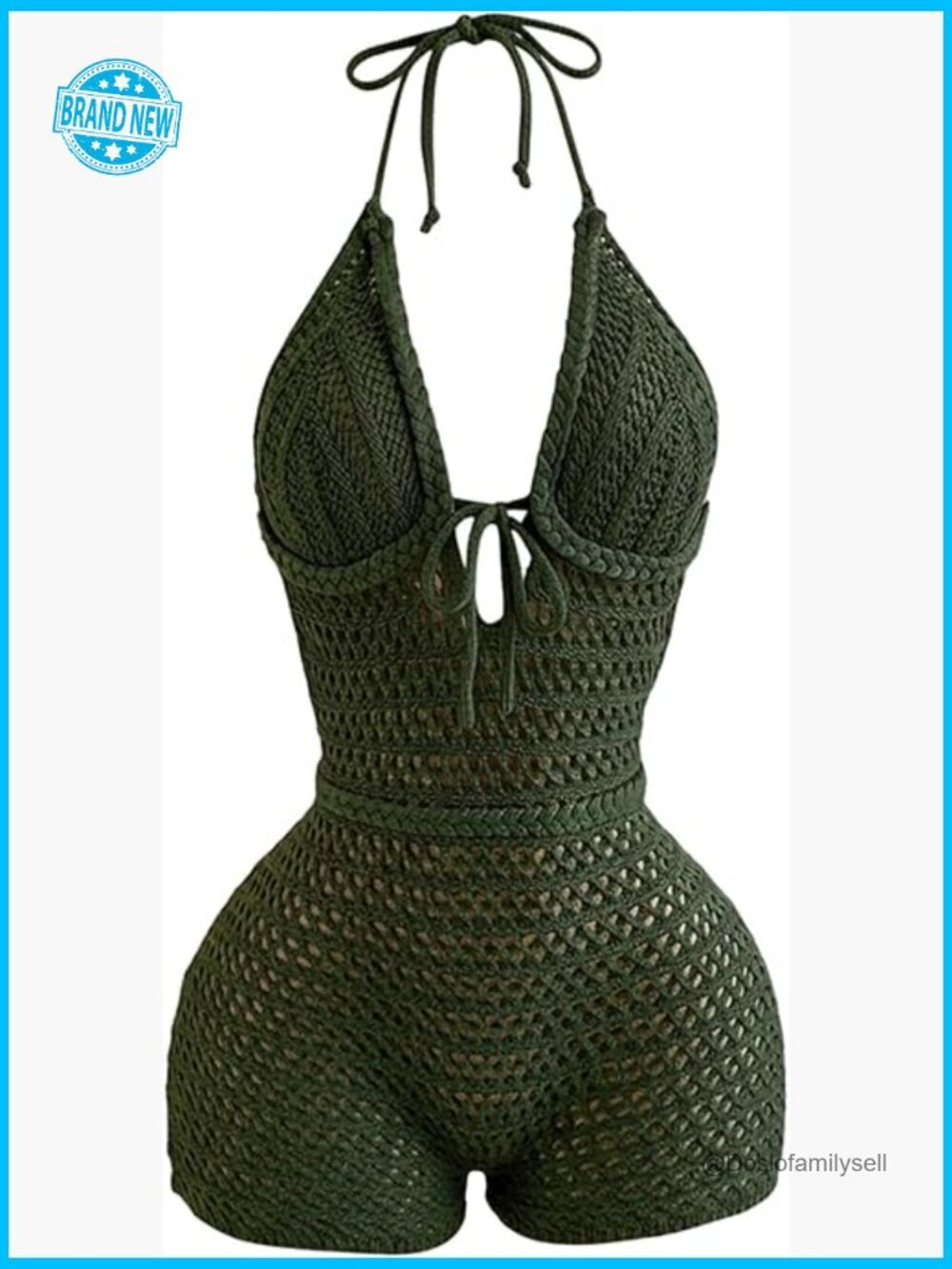 Crochet Halter Shorts Bodysuit Backless Sleeveless V Neck Open Back One Piece